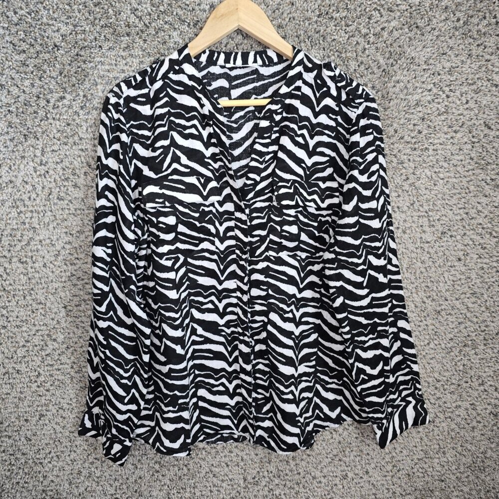 Calvin Klein Top Womens Large Black Animal Print Linen Button Up Blouse Ladies